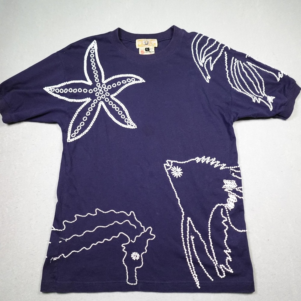 Vintage BIS Gene Ewing Shirt Womens Large Navy Beaded Sea Life Ocean Graphic 90s
